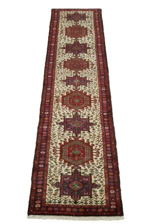 Vintage Ivory Geometric 3X12 Karajeh Persian Runner Rug