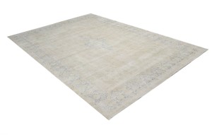 Antique Muted Beige Floral 9'5X13 Distressed Vintage Oriental Rug