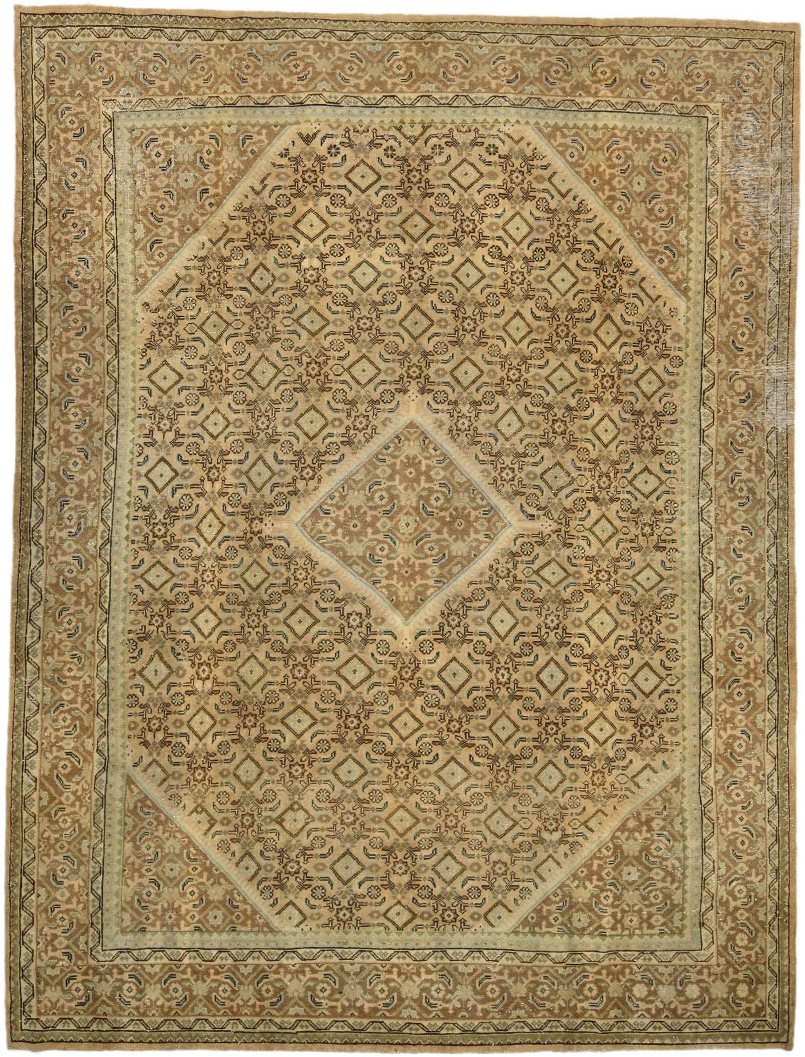 Muted Traditional Geometric 10X13 Distressed Mahal Persian Rug