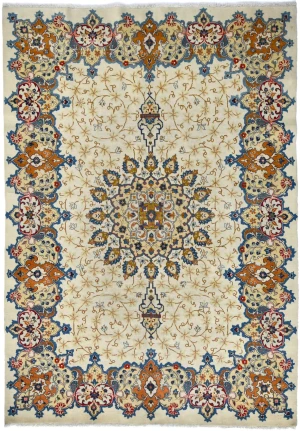 Semi Antique Cream Traditional 8X11 Kashan Persian Rug