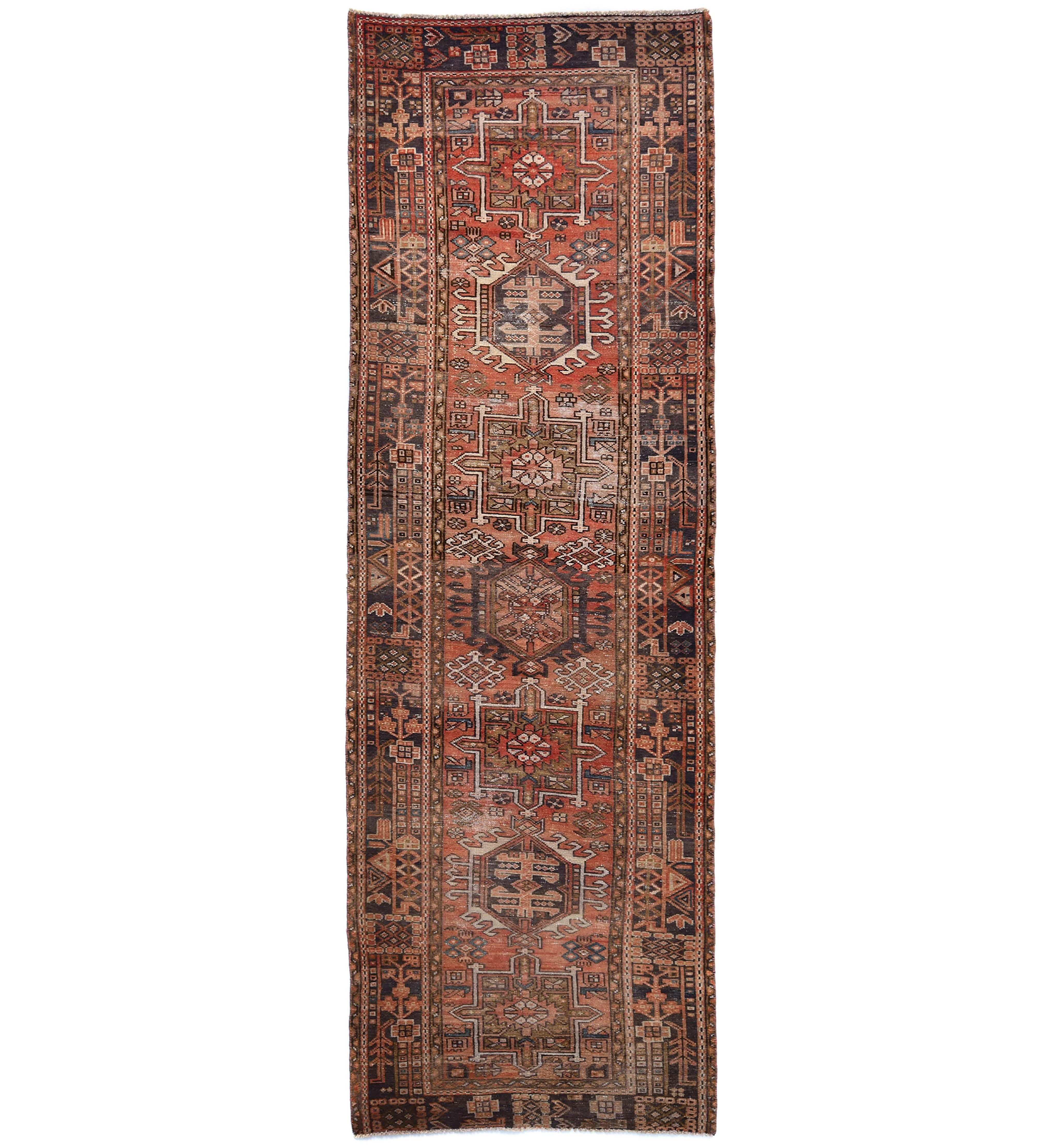 Semi Antique Muted Tribal 3'5X10'3 Distressed Vintage Oriental Runner Rug