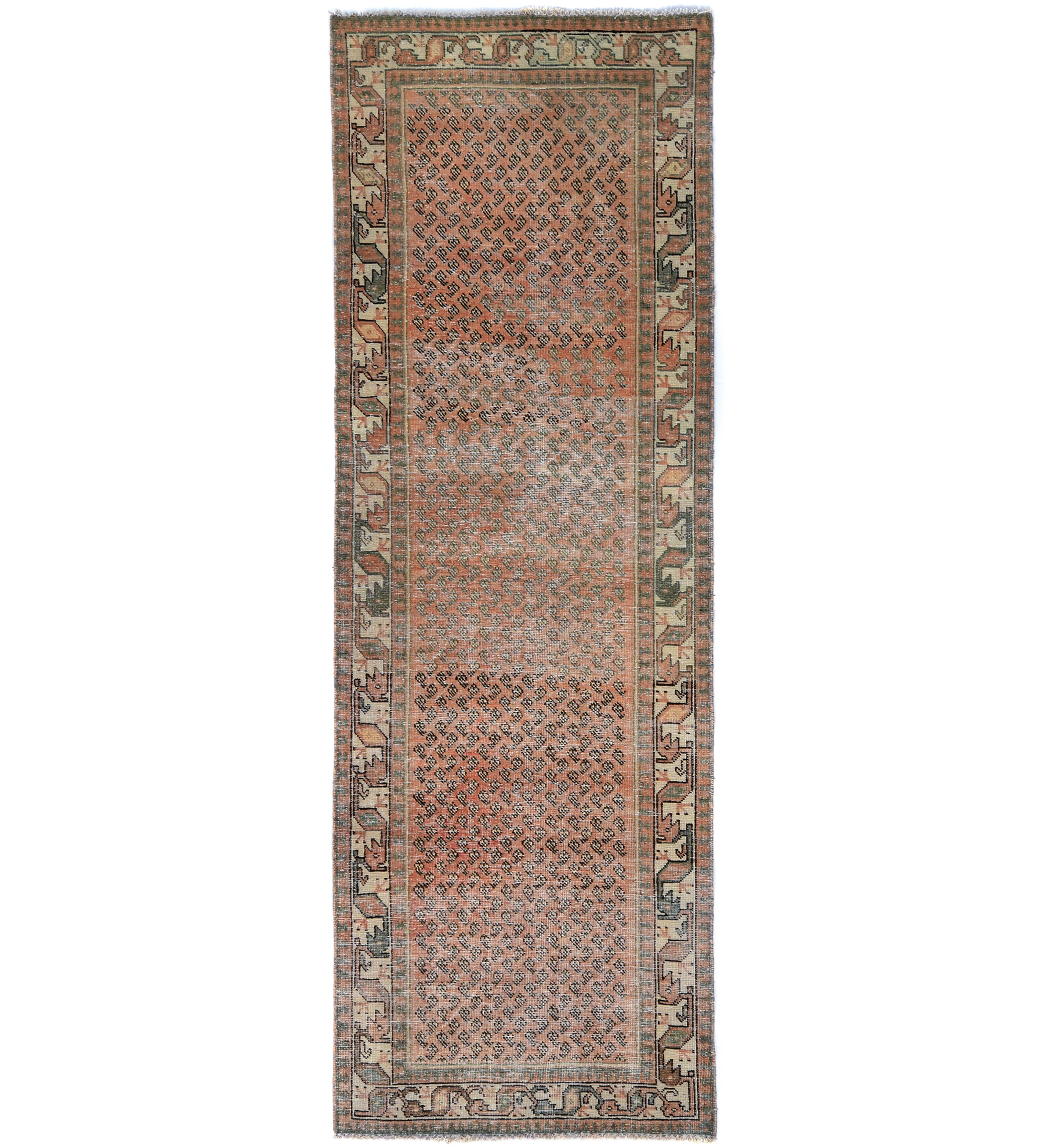 Semi Antique Muted Tribal 3'3X9'5 Distressed Vintage Oriental Runner Rug