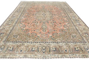 Antique Muted Rust Salmon Floral 9'5X12'3 Distressed Vintage Oriental Rug