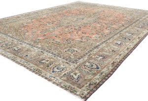Antique Muted Rust Salmon Floral 9'5X12'3 Distressed Vintage Oriental Rug
