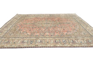 Antique Muted Rust Salmon Floral 9'5X12'3 Distressed Vintage Oriental Rug