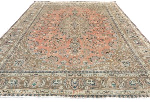 Antique Muted Rust Salmon Floral 9'5X12'3 Distressed Vintage Oriental Rug