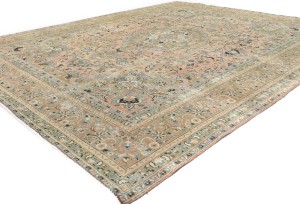 Semi Antique Muted Beige Floral 10X12 Distressed Vintage Oriental Rug