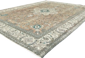 Antique Muted Peach Floral 9'7X12'9 Distressed Vintage Oriental Rug