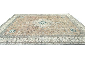 Antique Muted Peach Floral 9'7X12'9 Distressed Vintage Oriental Rug