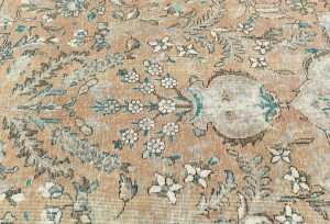 Antique Muted Peach Floral 9'7X12'9 Distressed Vintage Oriental Rug