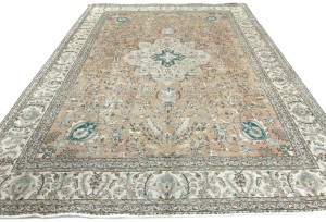 Antique Muted Peach Floral 9'7X12'9 Distressed Vintage Oriental Rug