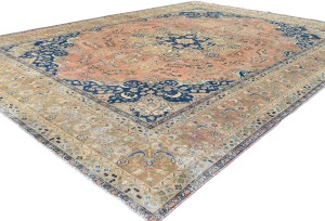 Semi Antique Muted Coral Red Floral 9X12 Distressed Vintage Oriental Rug
