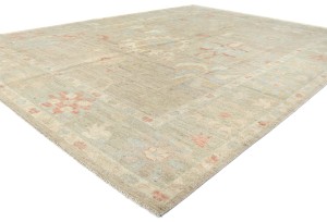 Pastel Brown Floral Oushak Peshawar 10X13 Pakistan Oriental Rug