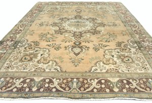 Muted Light Peach Semi Antique Floral 9'9X12'5 Distressed Vintage Oriental Rug