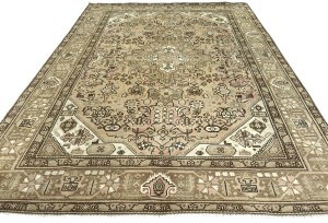 Semi Antique Muted Beige Floral 6'5X9'4 Distressed Vintage Oriental Rug