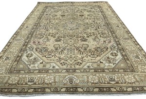 Semi Antique Muted Beige Floral 6'5X9'4 Distressed Vintage Oriental Rug