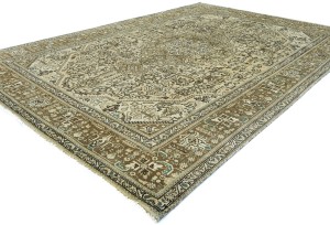 Semi Antique Muted Beige Floral 6'5X9'6 Distressed Vintage Oriental Rug