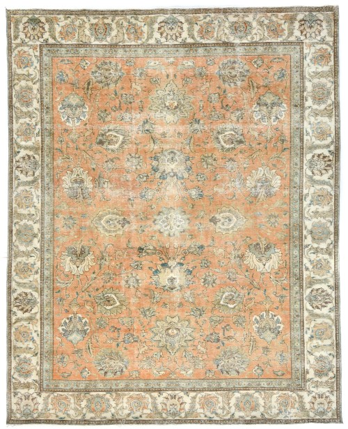 Antique Muted Orange Floral 9X12 Distressed Vintage Oriental Rug