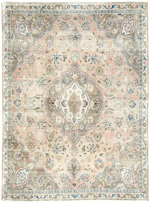 Muted Light Salmon Antique Floral 7'5X10 Distressed Vintage Oriental Rug