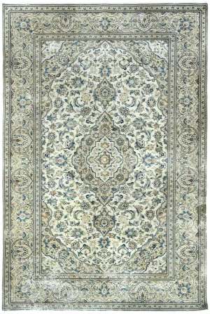 Antique Muted Cream Floral 6'5X9'7 Distressed Vintage Oriental Rug