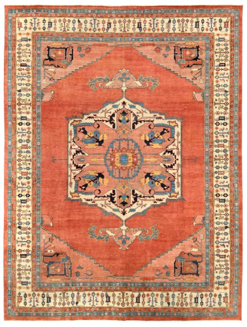 Orange-red Geometric 9X12 Heriz Serapi Oriental Rug