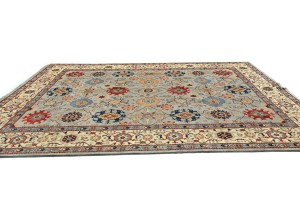 Gray Geometric Tribal 9X12 Kazak Heriz Serapi Oriental Rug