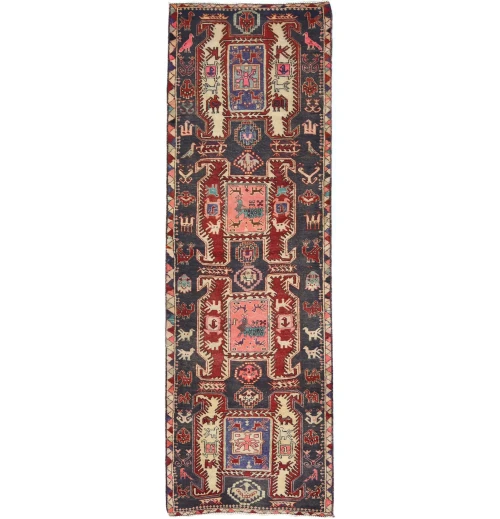 Semi Antique Pictorial Tribal 3X9 Distressed Vintage Oriental Runner Rug