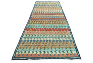 Semi Antique Multicolored Tribal 3'8X9'7 Vintage Oriental Runner Rug
