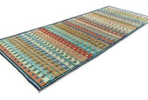 Semi Antique Multicolored Tribal 3'8X9'7 Vintage Oriental Runner Rug