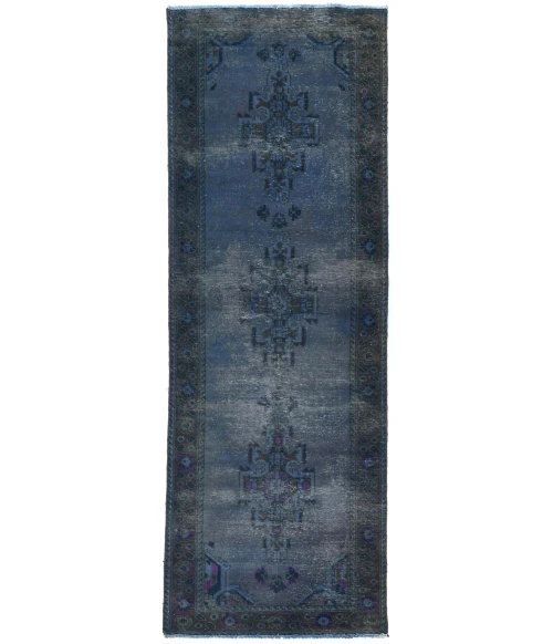 Antique Muted Blue Floral 3'5X10 Distressed Vintage Oriental Runner Rug