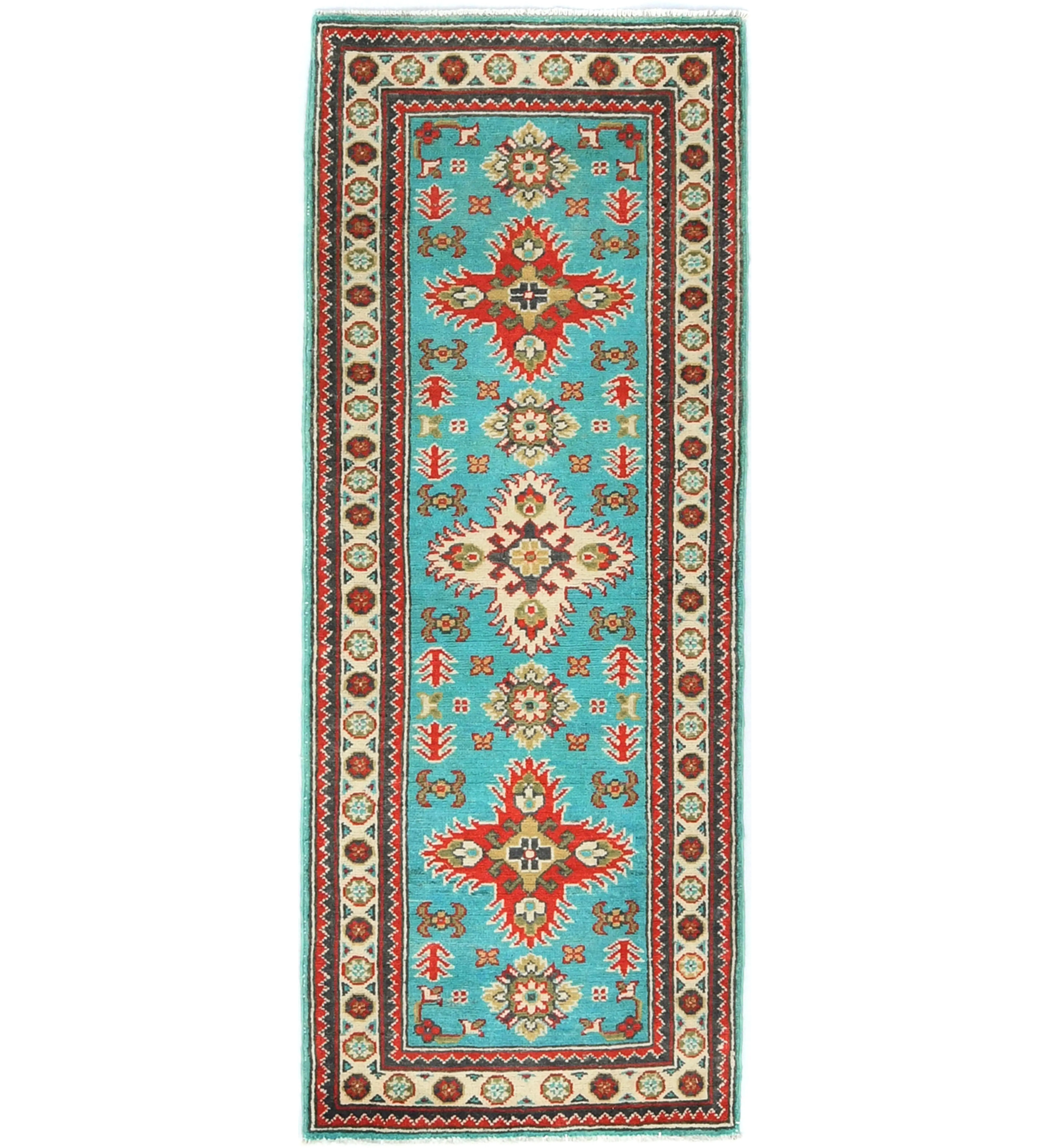 Turquoise Tribal Geometric 2X5 Kazak Pakistan Oriental Runner Rug