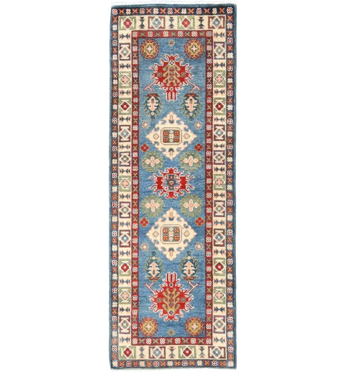 Blue Tribal Geometric 2X6 Kazak Pakistan Oriental Runner Rug