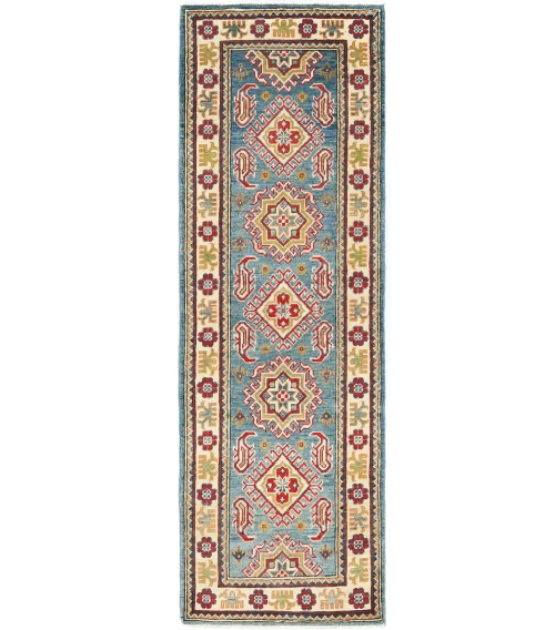 Blue Tribal Geometric 2X6'6 Kazak Pakistan Oriental Runner Rug