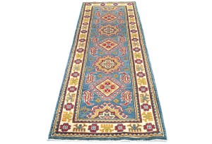 Blue Tribal Geometric 2X6'6 Kazak Pakistan Oriental Runner Rug