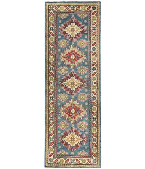 Blue Tribal Geometric 3X8 Kazak Pakistan Oriental Runner Rug