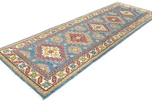 Blue Tribal Geometric 3X8 Kazak Pakistan Oriental Runner Rug