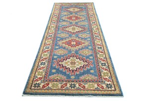Blue Tribal Geometric 3X8 Kazak Pakistan Oriental Runner Rug