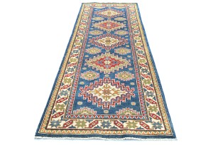 Blue Tribal Geometric 2'8X8'4 Kazak Pakistan Oriental Runner Rug