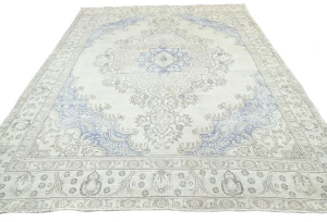 Antique Muted Beige Floral 9X12'6 Distressed Vintage Oriental Rug