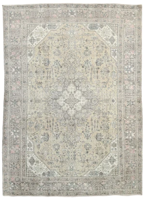 Antique Muted Beige Floral 8X11 Distressed Vintage Oriental Rug