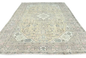 Antique Muted Beige Floral 8X11 Distressed Vintage Oriental Rug