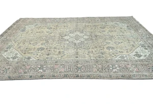 Antique Muted Beige Floral 8X11 Distressed Vintage Oriental Rug
