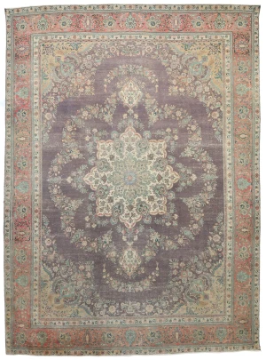 Semi Antique Muted Plum Floral 10X13 Distressed Vintage Oriental Rug