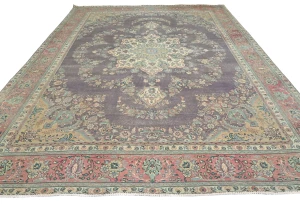 Semi Antique Muted Plum Floral 10X13 Distressed Vintage Oriental Rug