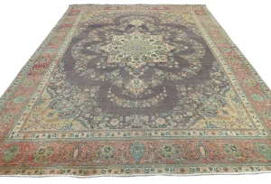 Semi Antique Muted Plum Floral 10X13 Distressed Vintage Oriental Rug