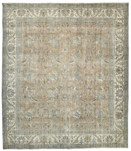 Semi Antique Muted Cream Floral 10X11 Distressed Vintage Oriental Rug