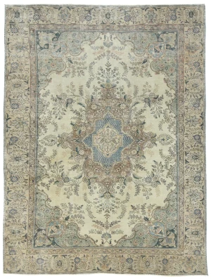 Semi Antique Muted Cream Floral 8X10 Distressed Vintage Oriental Rug