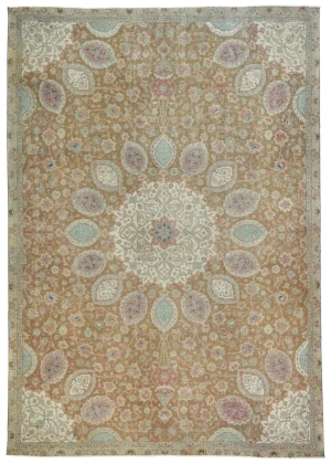 Semi Antique Muted Khaki Floral 7X10 Distressed Vintage Oriental Rug