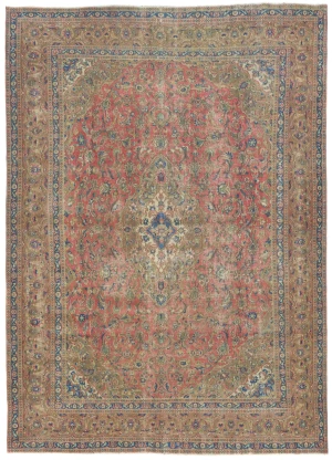 Semi Antique Muted Red Floral 9'6X12'7 Distressed Vintage Oriental Rug