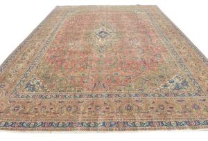 Semi Antique Muted Red Floral 9'6X12'7 Distressed Vintage Oriental Rug